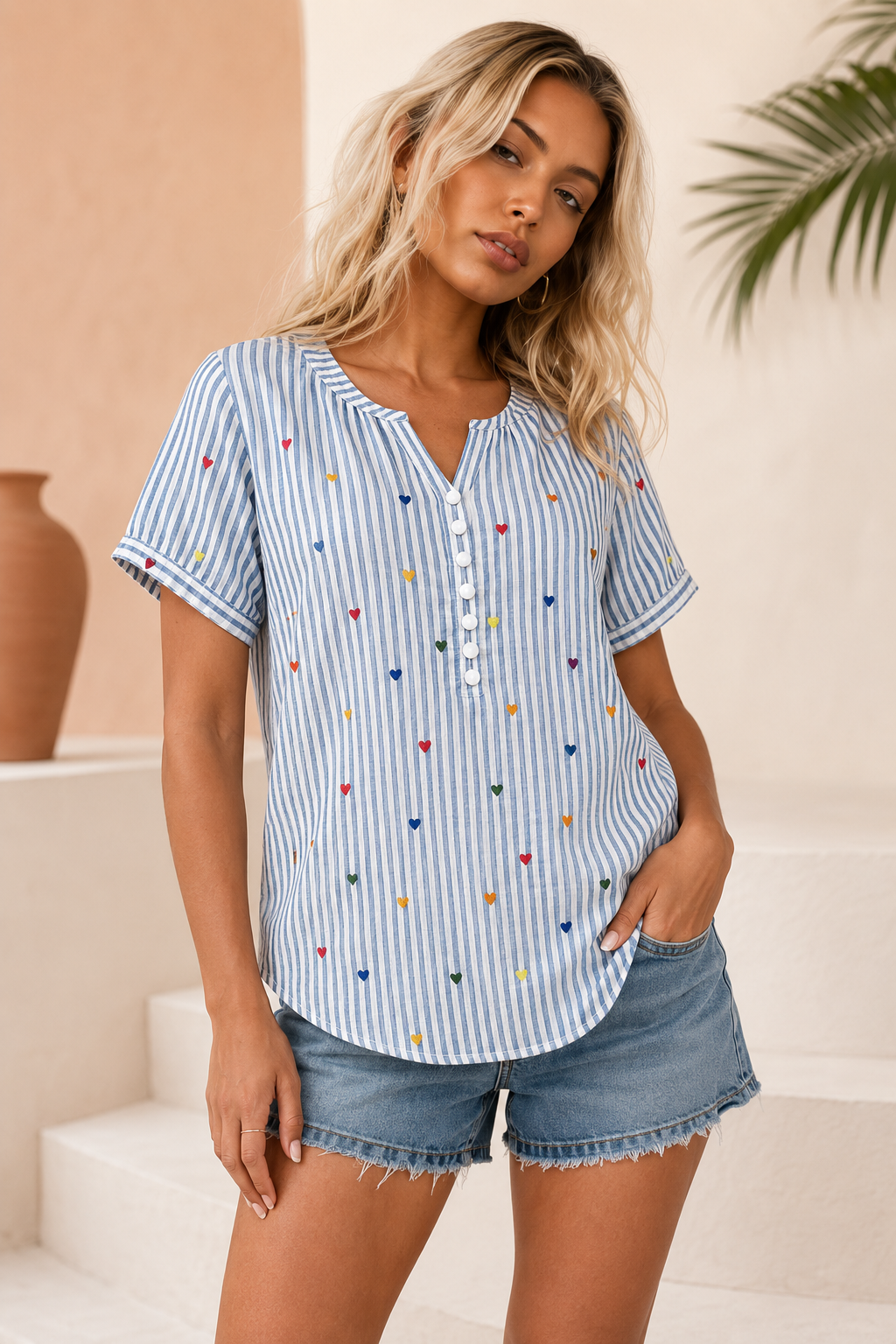 Alisson | Blusa a rayas con estampado de corazones