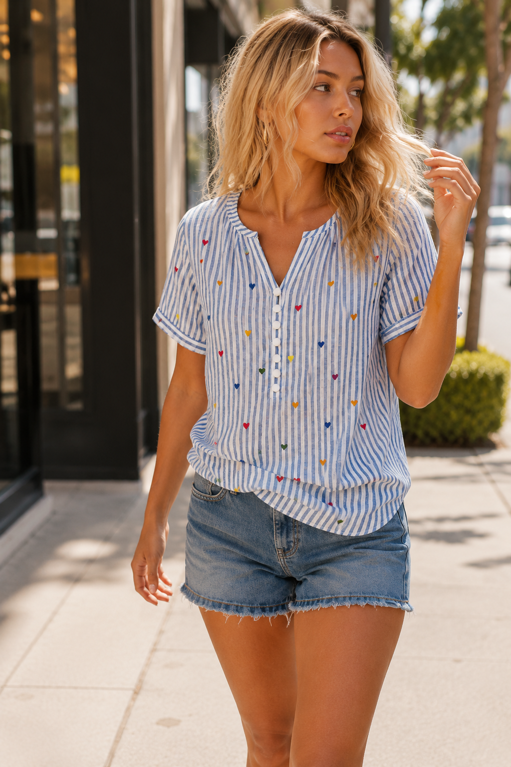 Alisson | Blusa a rayas con estampado de corazones